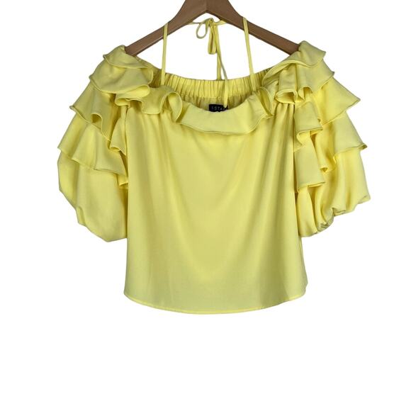 1. State yellow off shoulder ruffle short sleeve chiffon halter top small - Picture 3 of 6